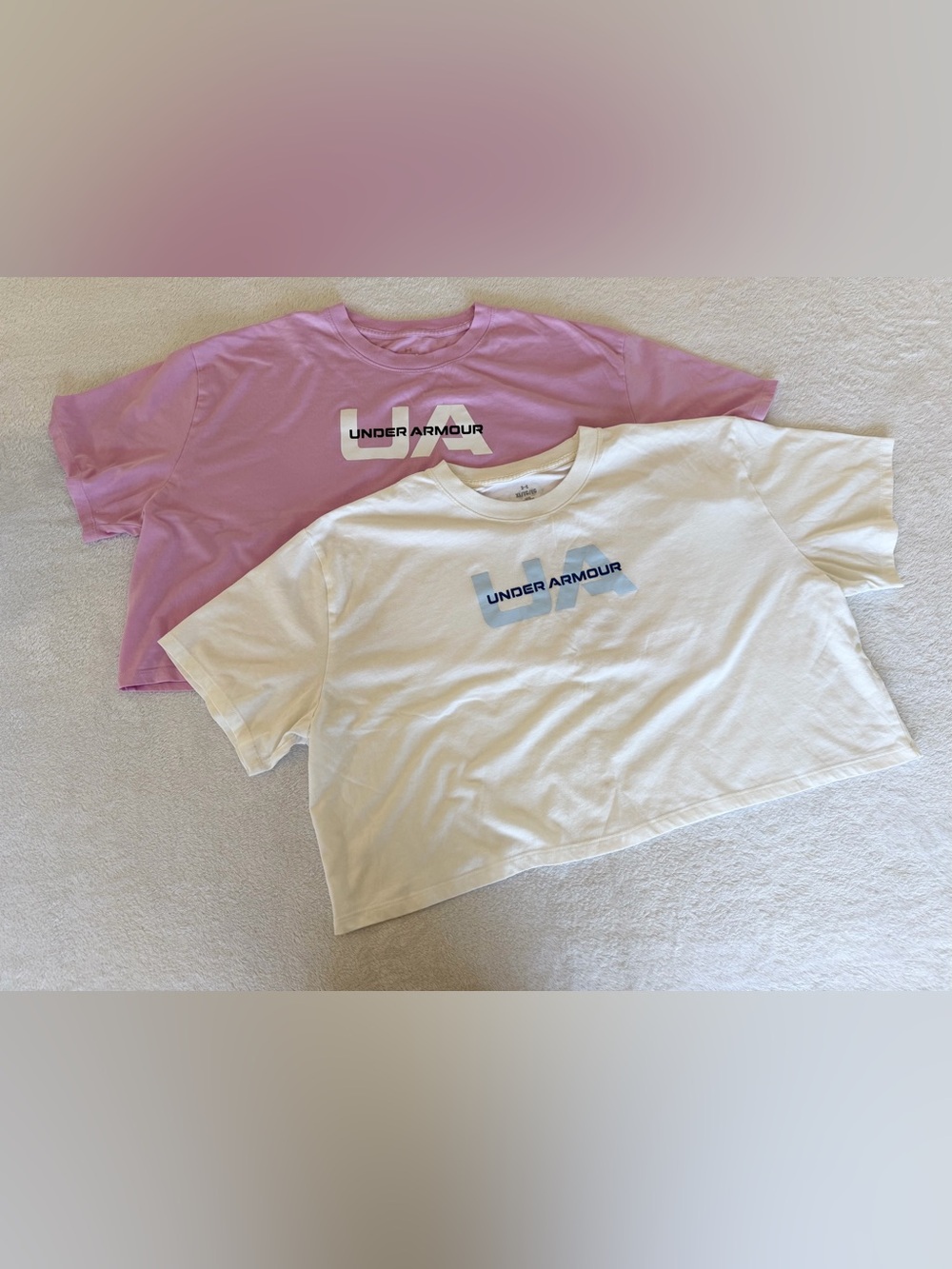 Under Armour Women's XL Loose Crop Graphic T-Shirt White Pink Bundle 2 Tops
